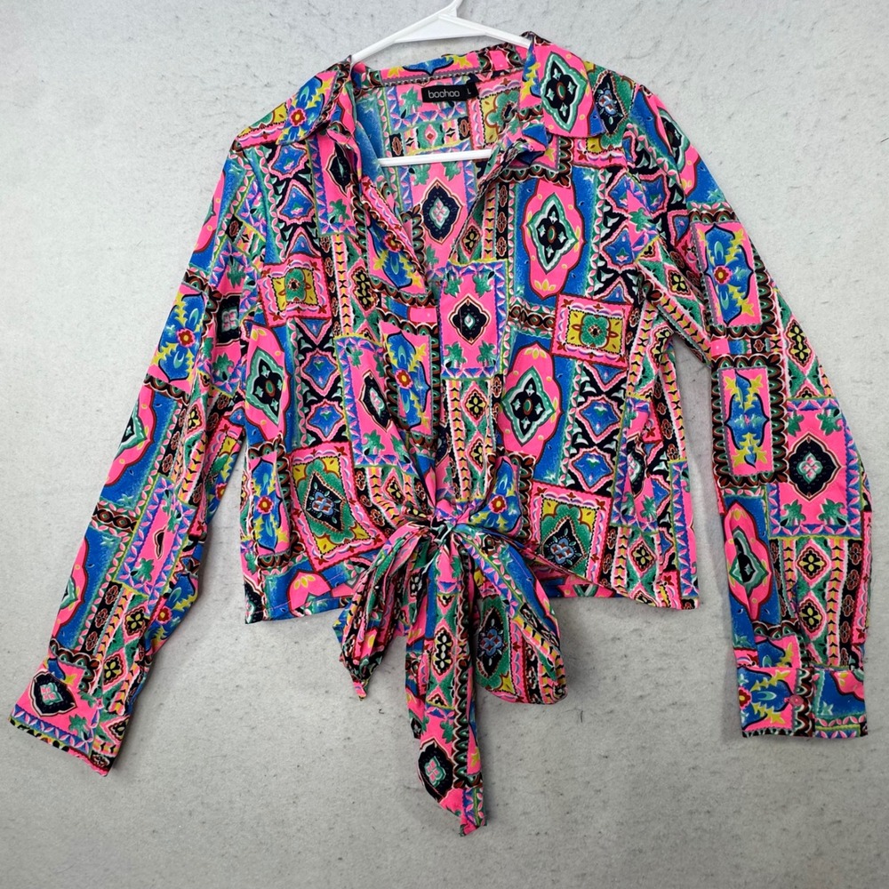 Boohoo Tie Front Blouse Womens Large Multicolor Geometric Cropped Boho Bright‎